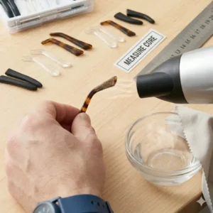 Applying a small drop of lubricant to the metal frame to slide on a new glasses ear piece replacement easily.