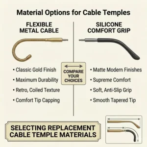 A comparative visual matrix highlighting material choices such as flexible metal and silicone options for replacement cable temples for eyeglasses.