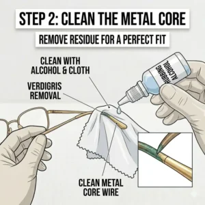 A graphic showing the process of cleaning dirt and residue off metal eyeglass frames before sliding on replacement temple tips.