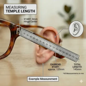A step-by-step instructional graphic on how to accurately measure the length of temple arms for glasses.