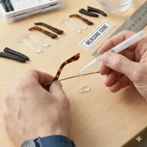 Comparison of different silicone and acetate materials available for a glasses ear piece replacement.