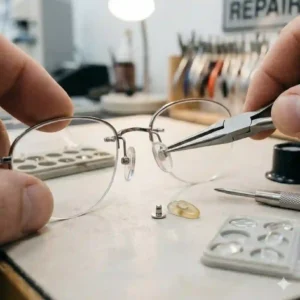 A skilled technician carefully repairing nose pads on a pair of spectacles.