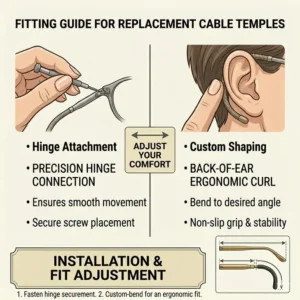 A comprehensive fitting guide displaying the technical hinge attachment procedure and back-of-ear adjustments for replacement cable temples for eyeglasses.