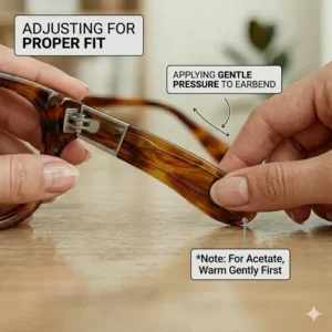 A demonstration of the proper technique for gently bending and adjusting temple arms for glasses for a secure fit.