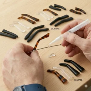 Visual showing cracked and oxidized frames that clearly require a professional glasses ear piece replacement.