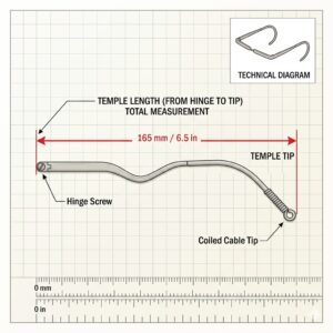 Technical diagram showing the exact measurement points for cable temple glasses frames.