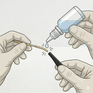 A step-by-step graphic showing how to lubricate the frame wire to easily install new silicone replacement temple tips.