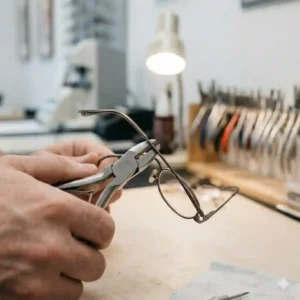 An expert using specialized tools and realigning glasses for a better fit.