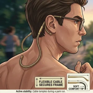 An artistic vector drawing of a sweating man running in a park to show the superior frame stability provided by replacement cable temples for eyeglasses.