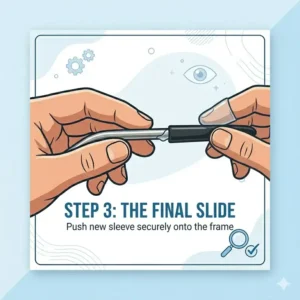Pushing the final replacement temple tips for eyeglasses securely onto the metal frame arm.