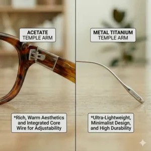 A side-by-side material comparison between durable acetate and lightweight titanium temple arms for glasses.