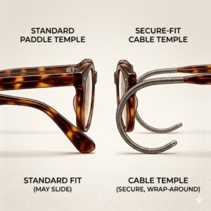 Side-by-side comparison showing the difference between standard arms and cable temple glasses frames.