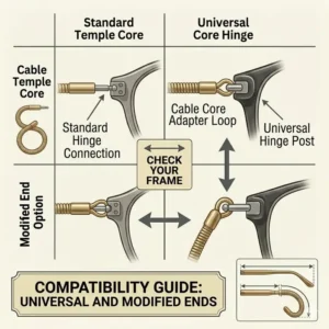 A compatibility chart mapping out standard temple cores versus universal core hinge connections for installing replacement cable temples for eyeglasses.