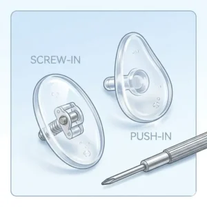 Close-up diagram of different silicone nose pads used as essential eyeglass replacement parts for frame comfort.
