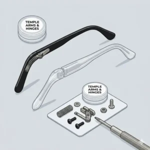 A step-by-step instructional guide showing the correct way to install and secure new eyeglass replacement parts.