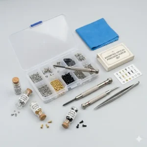A set of multi-sized precision screws which are vital eyeglass replacement parts for securing frame hinges.