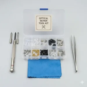 Professional optical repair tools laid out alongside various small eyeglass replacement parts in a storage box.