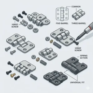 Technical drawing of universal barrel hinges and hardware components for eyeglass replacement parts categories.