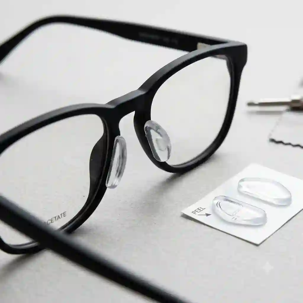 Clear silicone adhesive nose pads for eyeglasses attached to a pair of black frames.
