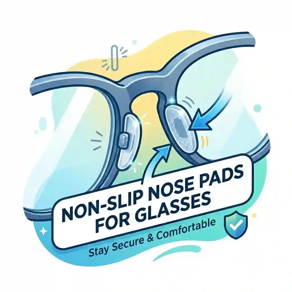 1. A close-up of clear silicone non slip nose pads attached to a pair of stylish eyeglasses to prevent them from sliding down the nose.
