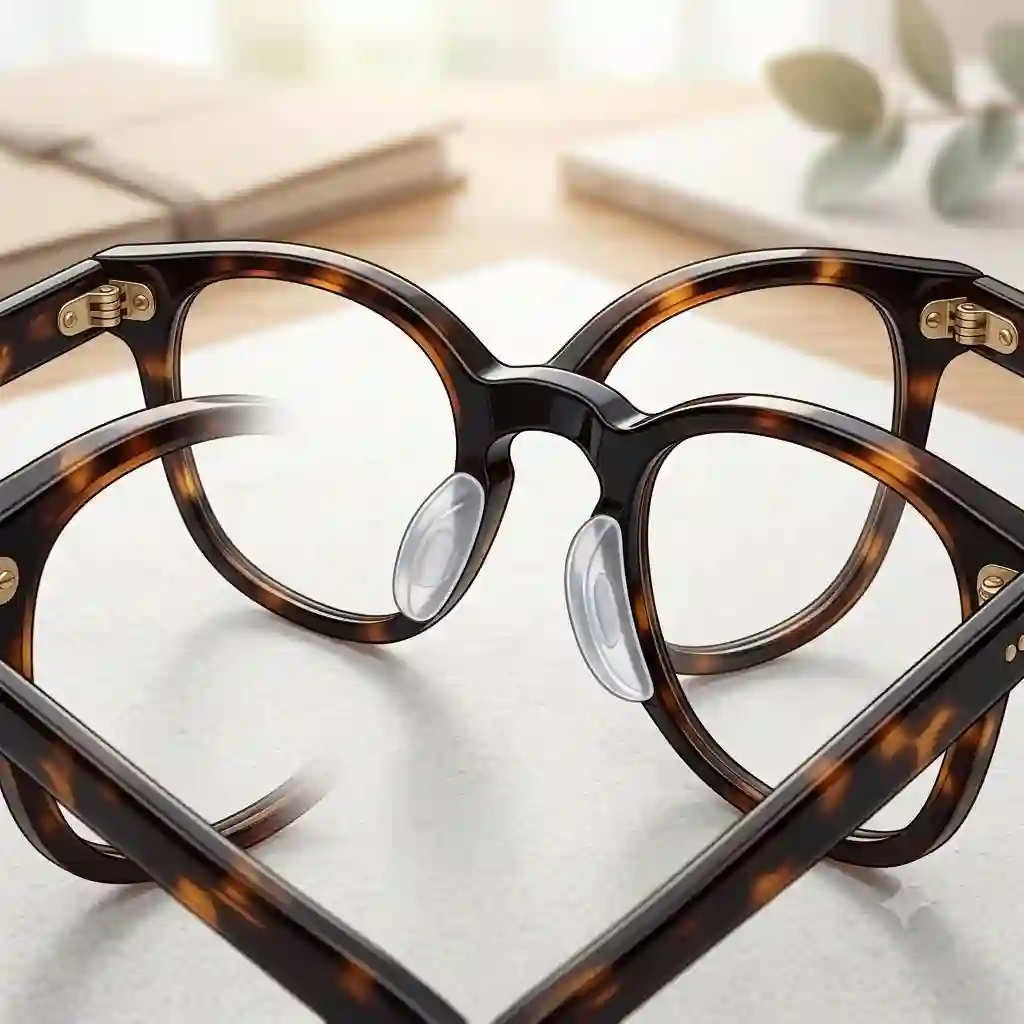 Close-up view of premium glasses silicone nose pads attached to a stylish tortoiseshell frame resting on a desk.