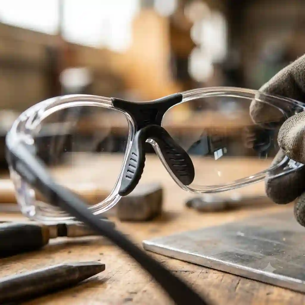 Close-up view of clear safety glasses featuring an ergonomic black rubber nose piece for non-slip comfort.