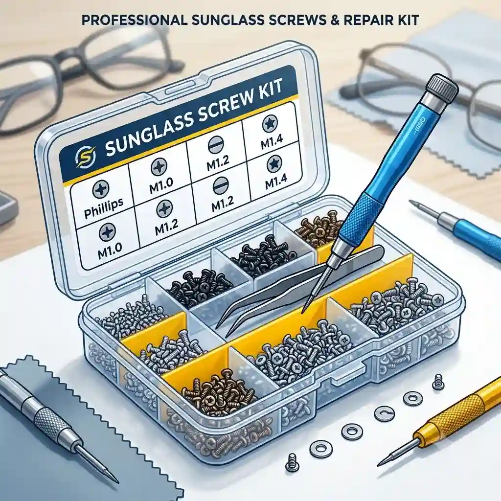 A close-up view of various tiny sunglass screws organized in a plastic repair kit box with a micro screwdriver.
