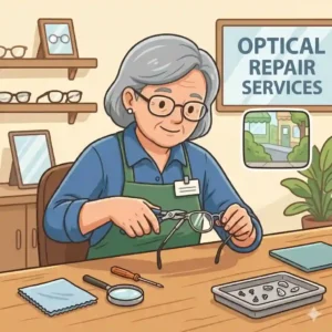 Graphic illustration showing a close-up of a technician tightening a tiny screw on a broken hinge to fix eyeglasses near me.