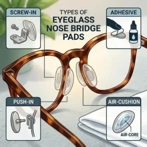 An educational illustration depicting four types of eyeglass nose bridge pads: 'Screw-in', 'Push-in', 'Adhesive', and 'Air-cushion' (with an 'Air-core' detail), each shown with its specific frame attachment method.