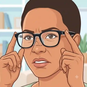 Illustration of a frustrated man constantly pushing up a pair of glasses slipping down his nose.