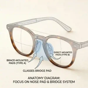 A detailed medical-style diagram highlighting the glasses bridge pad and nose pad area on a wireframe spectacle design.