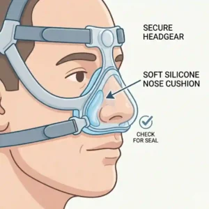 An educational diagram showing the correct placement and proper fit of the nose cushions on a human profile.