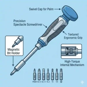 An anatomical illustration showing the components of a precision spectacle screwdriver.