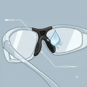 Exploded view diagram showing how a replacement rubber nose piece attaches to the frame of sport sunglasses.