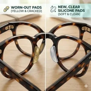 A comparison diagram showing different styles and types of glasses silicone nose pads including screw-in and push-in variations.