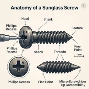 An illustrated diagram pointing out the head, threads, and length of standard sunglass screws.