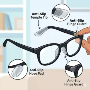 Infographic diagram highlighting the silicone ear grips and non-slip nose pads on a pair of anti slip glasses.