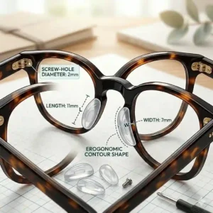 A technical measurement graphic displaying the exact length, width, and screw-hole size of standard glasses silicone nose pads.