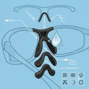 Detailed illustration pointing out the pressure-reduction benefits of a soft rubber nose piece on protective eyewear.