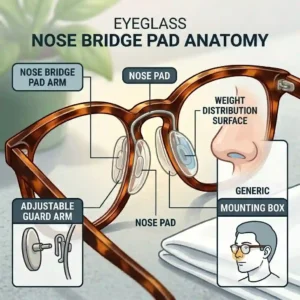An anatomical diagram detailing the different components and placement of eyeglass nose bridge pads on a pair of tortoiseshell frames, including labels for the 'Nose Bridge Pad Arm', 'Nose Pad', 'Adjustable Guard Arm', and 'Generic Mounting Box', alongside a weight distribution surface chart and a generic user illustration.