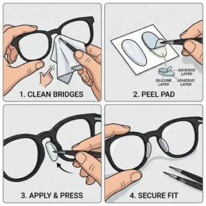 Step-by-step illustration showing how to clean frames and apply adhesive nose pads for eyeglasses.