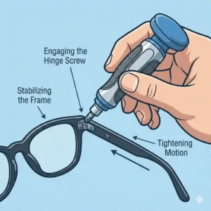 A guide on how to properly use a spectacle screwdriver to tighten loose frames.