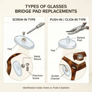Graphic illustration comparing a screw-in glasses bridge pad and a push-in click system for eyewear repair.
