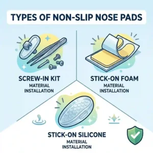 3. A comparison diagram showing different types of non slip nose pads for glasses, including screw-in, stick-on silicone, and soft foam options.