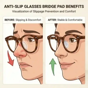 Vector illustration showing a person smiling with perfectly positioned eyewear thanks to an anti-slip glasses bridge pad.
