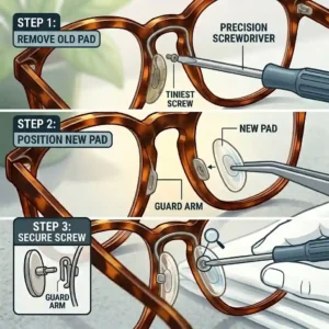 A sequential three-step guide with numbered illustrations showing how to replace screw-in eyeglass nose bridge pads, featuring 'Step 1: Remove Old Pad' with a 'Precision Screwdriver', 'Step 2: Position New Pad' with tweezers, and 'Step 3: Secure Screw' with a magnifying glass detail on the final securement.