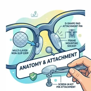 4. A detailed graphic demonstrating how self-adhesive non slip nose pads stick securely to the bridge of plastic eyeglass frames.