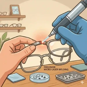 Illustration of precision micro-laser welding being used on a broken metal frame bridge to help fix eyeglasses near me.