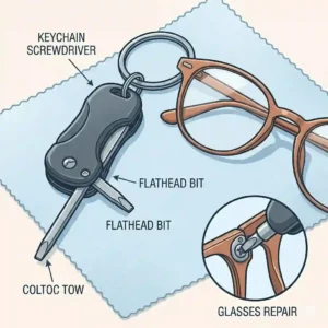 A compact and portable spectacle screwdriver designed for on-the-go eyewear repairs.