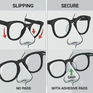 Before and after comparison of glasses slipping down a nose versus staying secure using adhesive nose pads for eyeglasses.